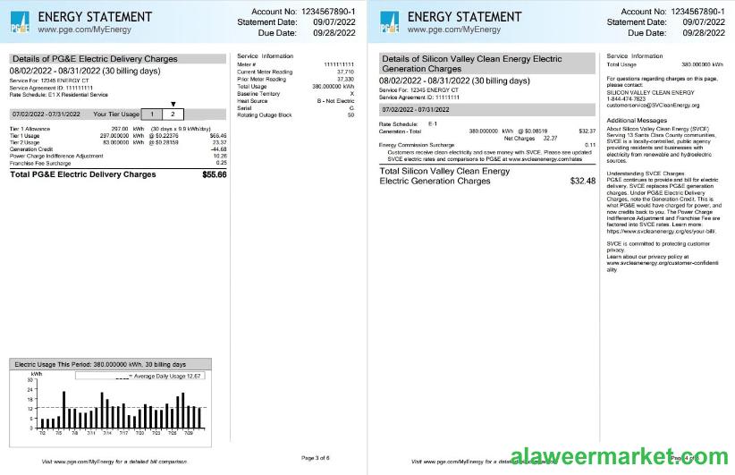 USA California PG&E (Pacific Gas and Electric Company) utility bill, Word and PDF template, 6 pages 3 4